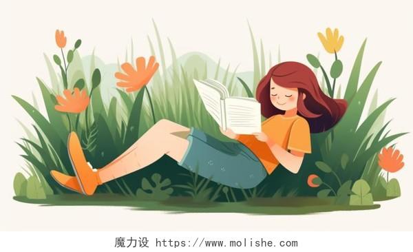 阅读儿童小孩在草地上看书扁平人物插画世界读书日卡通手绘儿童读书学习亲子阅读招生教育